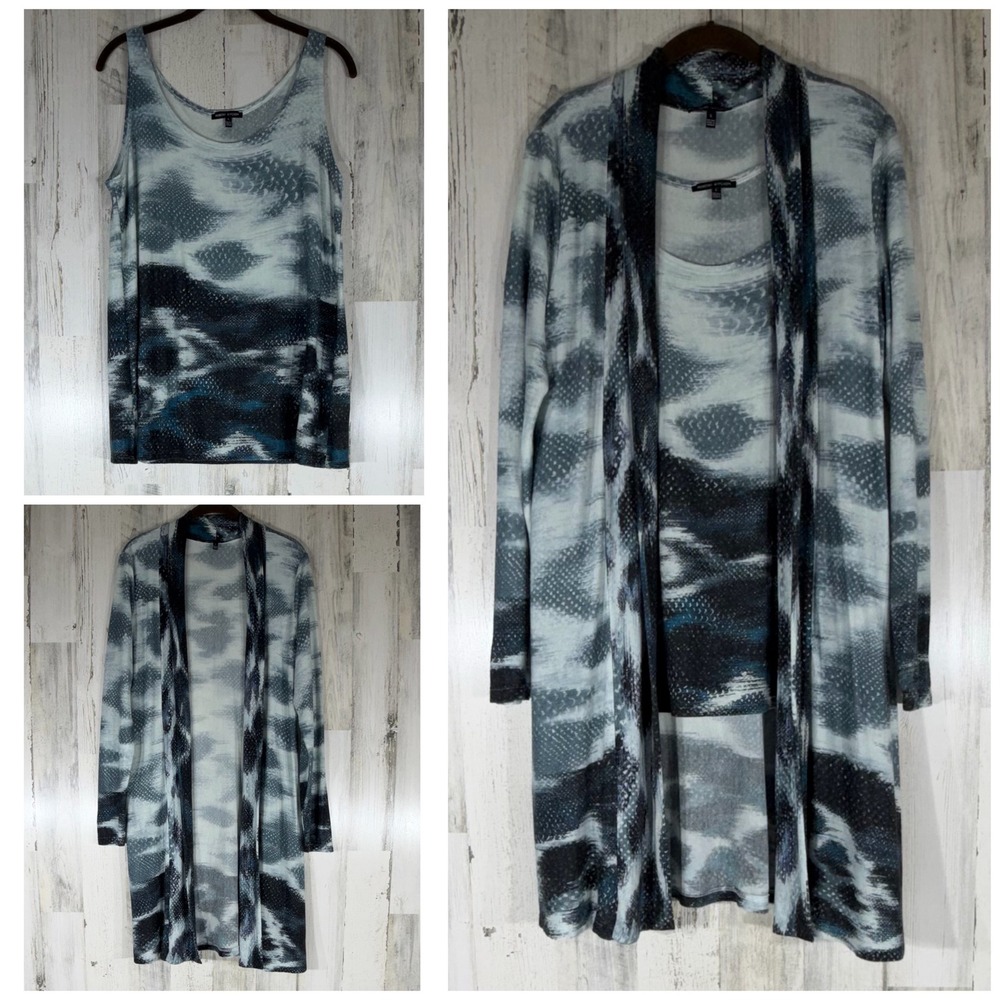 Robert Kitchen Sweater Cardigan Tank 2pc Set Large Blue Grey Abstract‎ Snakeskin
